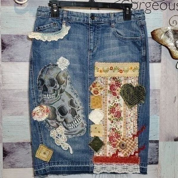 Upcycled Skulls Roses Lace Denim Skirt Sz 8 Beaded Hand-Stitched Graffiti Paint