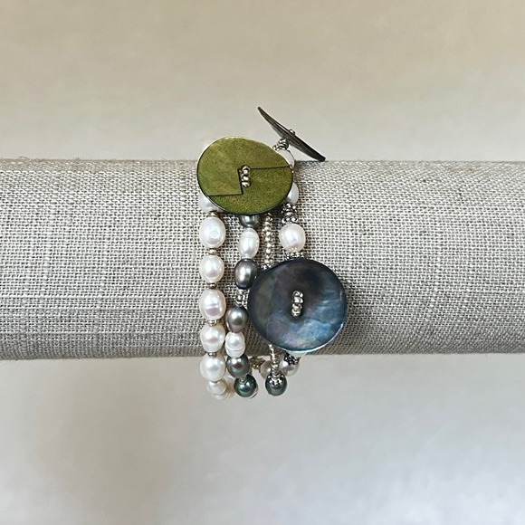 Sterling Silver 4 Strand Freshwater Pearl, Mother of Pearl 7" Bracelet SB-3729