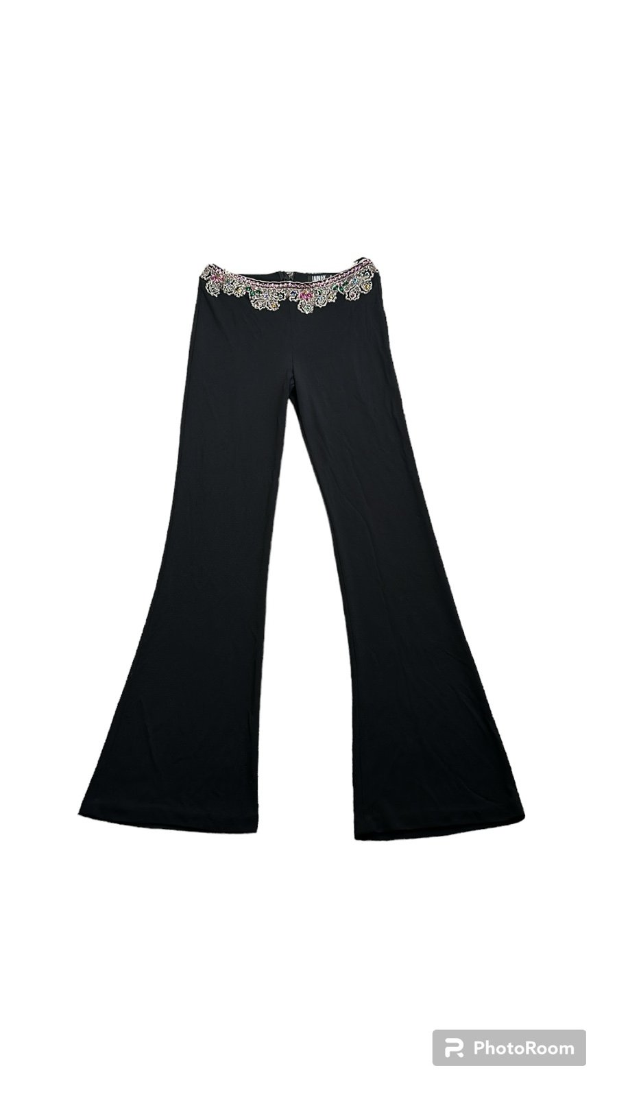 laundry by shelli segal black flare leg jeweled waist pants size 6