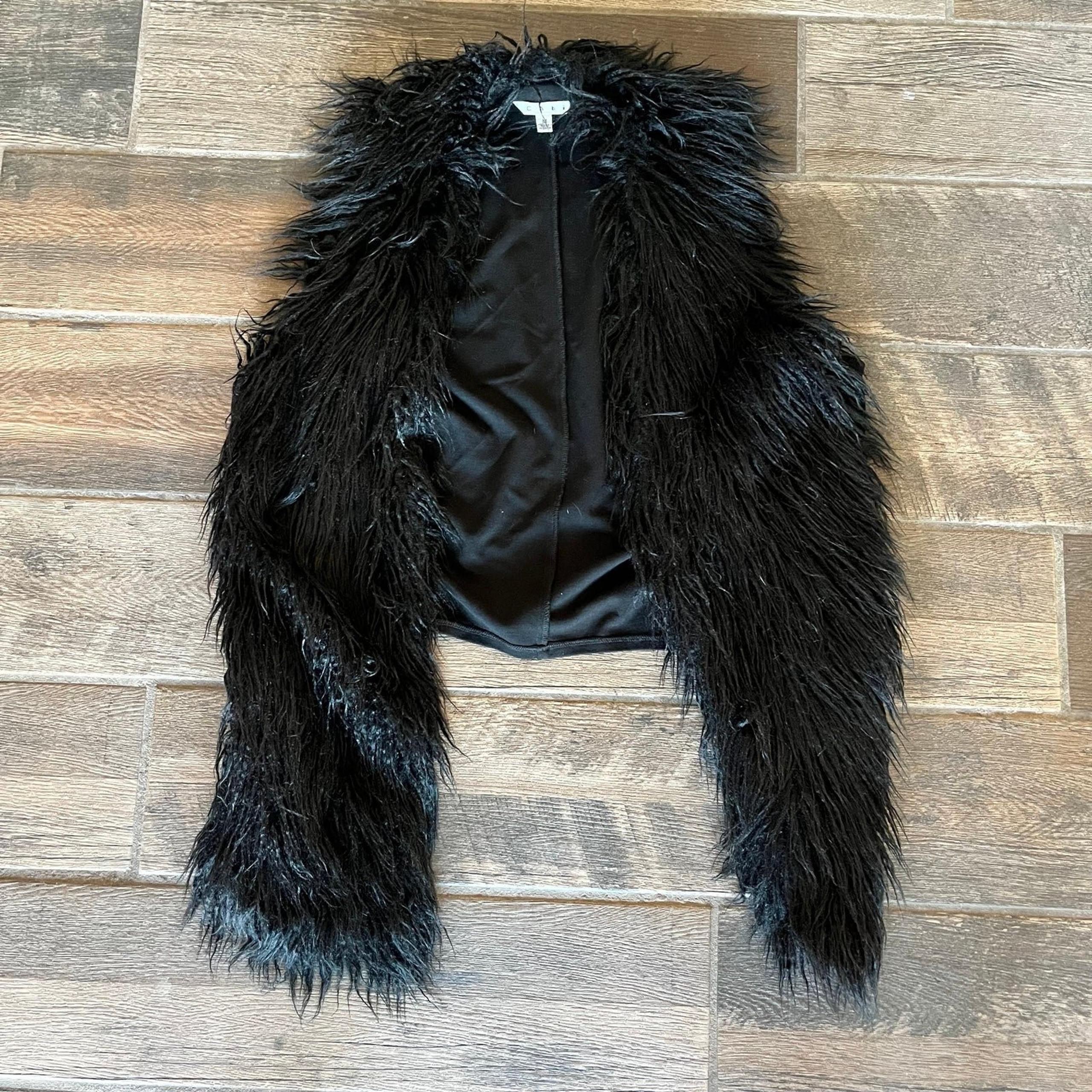CAbi black faux fur long vest M