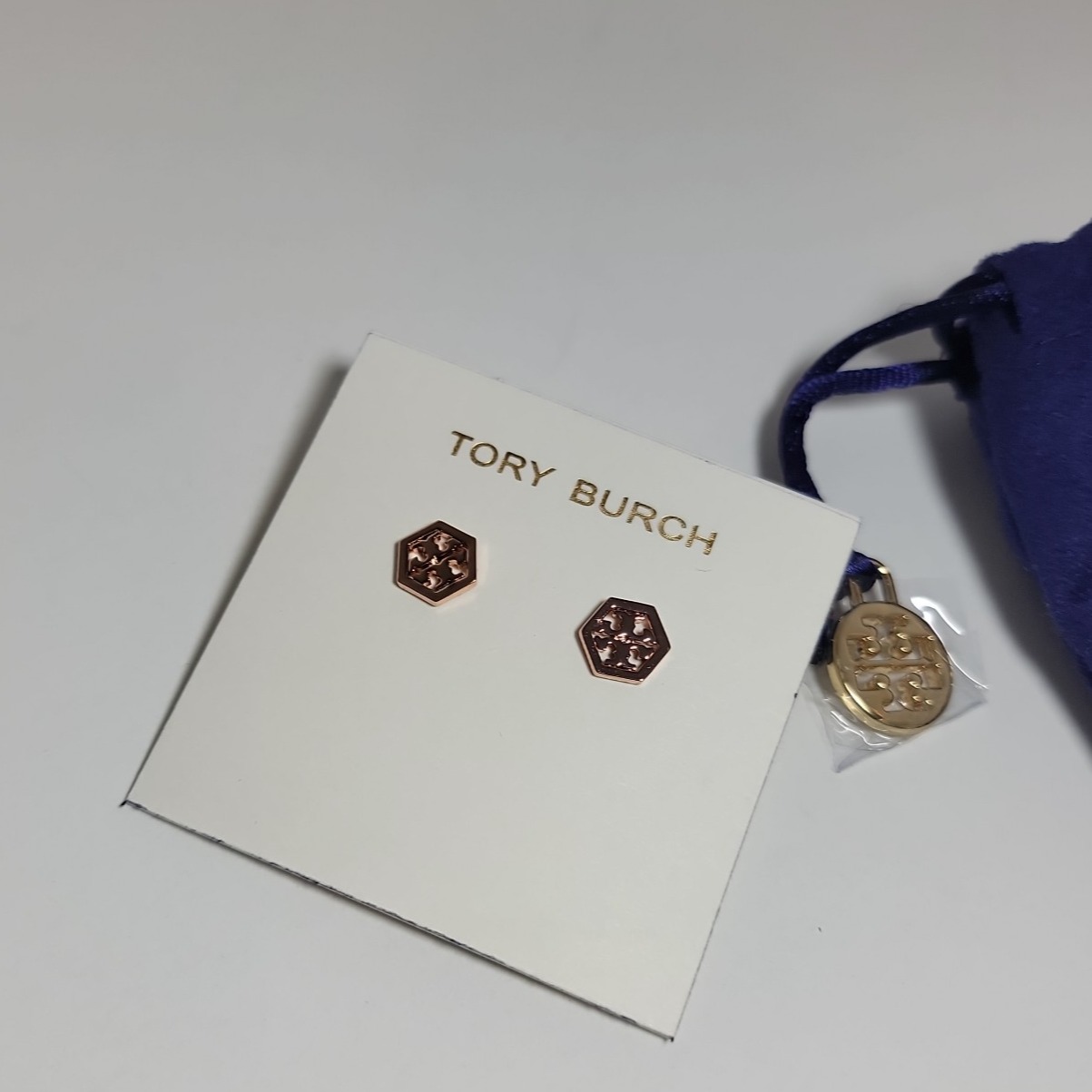 TORY BURCH HEXAGON LOGO STUD EARRINGS