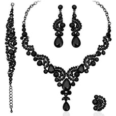 Black Crystal Necklace Earrings Bracelet Ring Bridal Wedding Party Jewelry Set