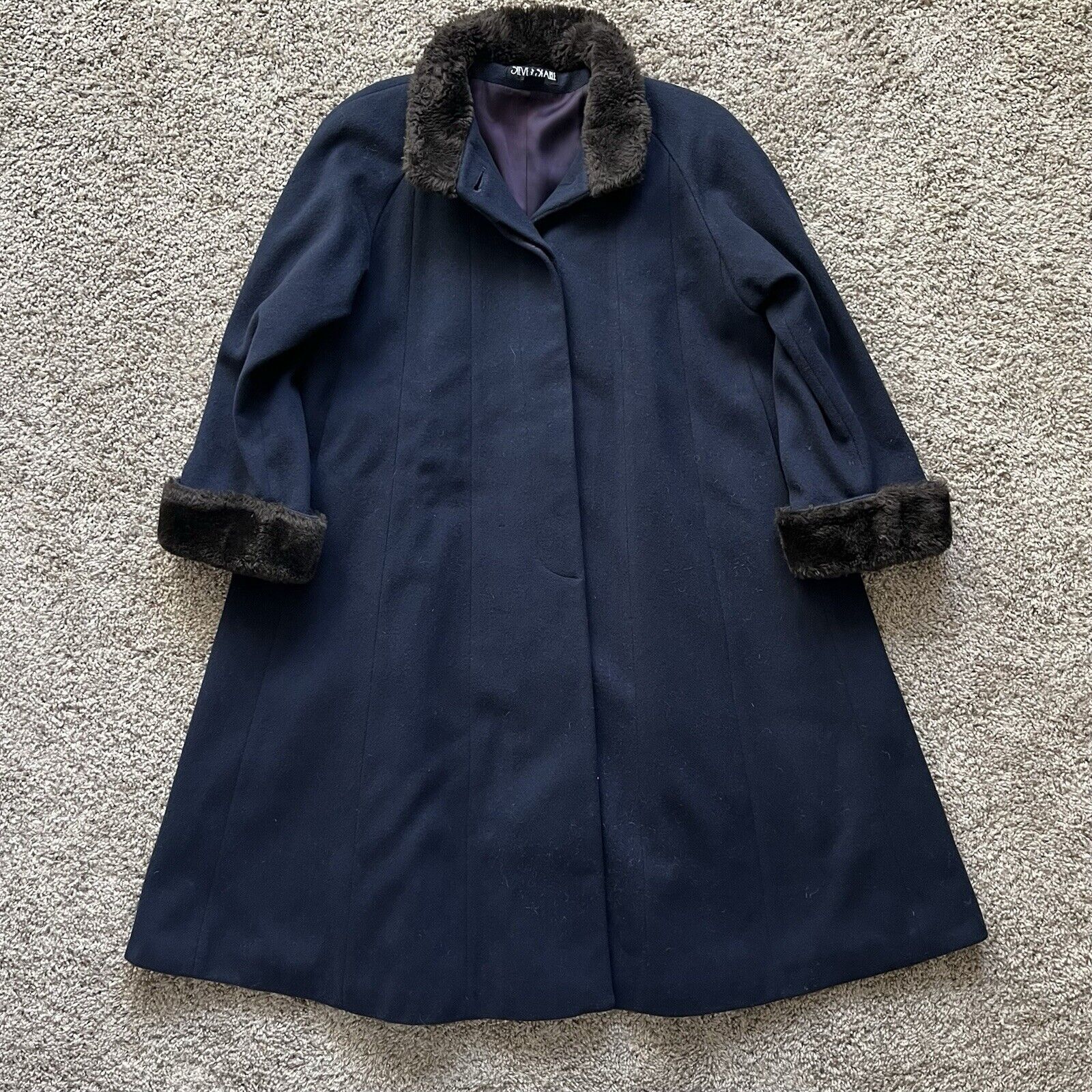 VTG STEVE BY SEARLE Wool Swing Coat Women's SIZE XXL Blue Faux Fur Trim