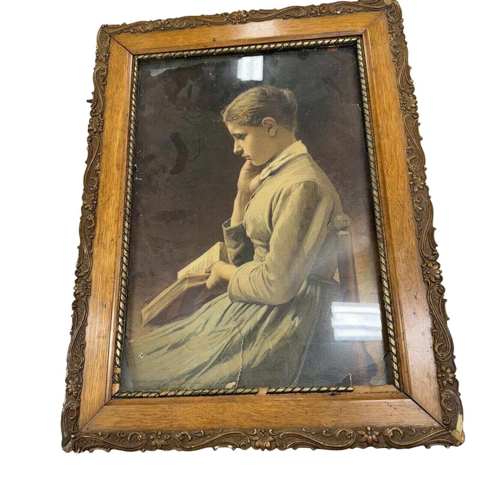 Vintage Ornate Wood Framed Girl With Bible Thinking Praying Antique Print - HLBN