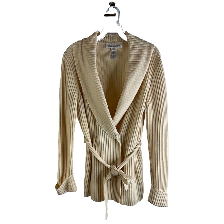 Vintage 90s Womens Medium Merino Wool Ribbed Knit Cardigan Sweater Coat Luxury