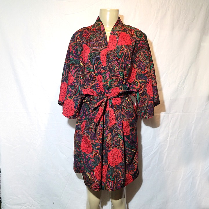 Vintage Val Mode Paisley Print with Roses Silky Intimates Lingerie Robe