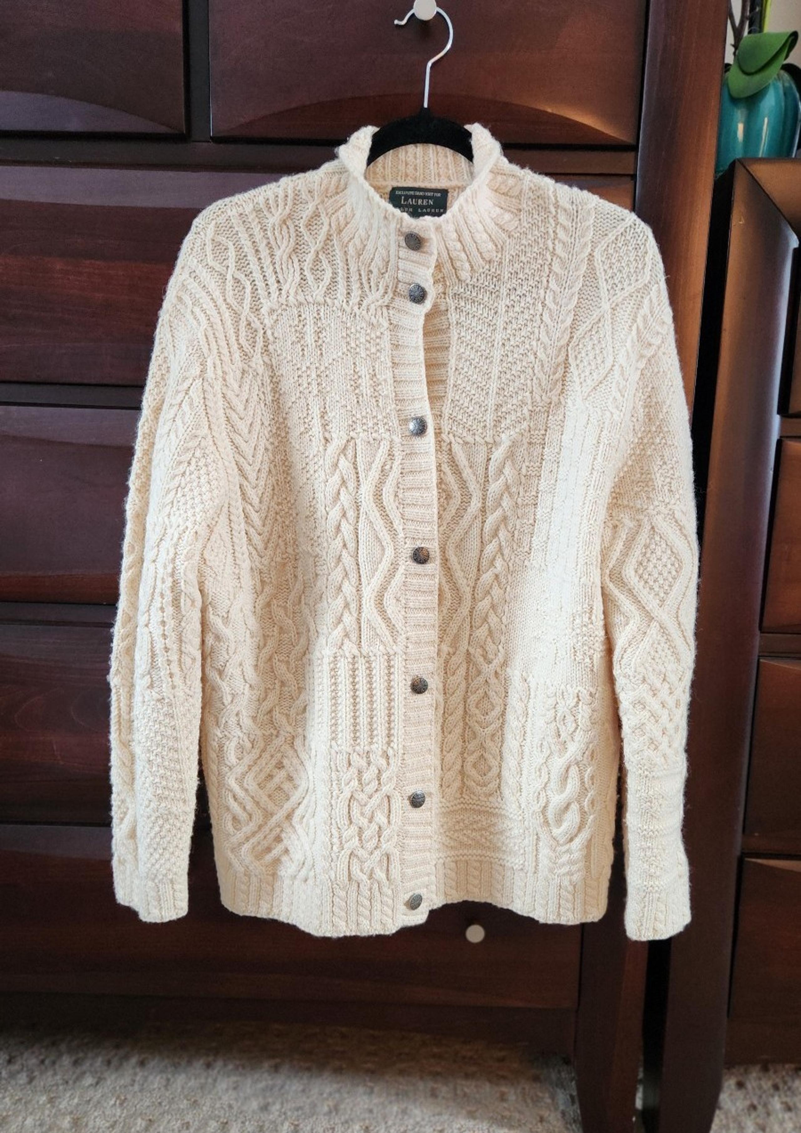 RALPH LAUREN 100% WOOL Snowflake Nordic Hand Knit Cream Cardigan Sweater L