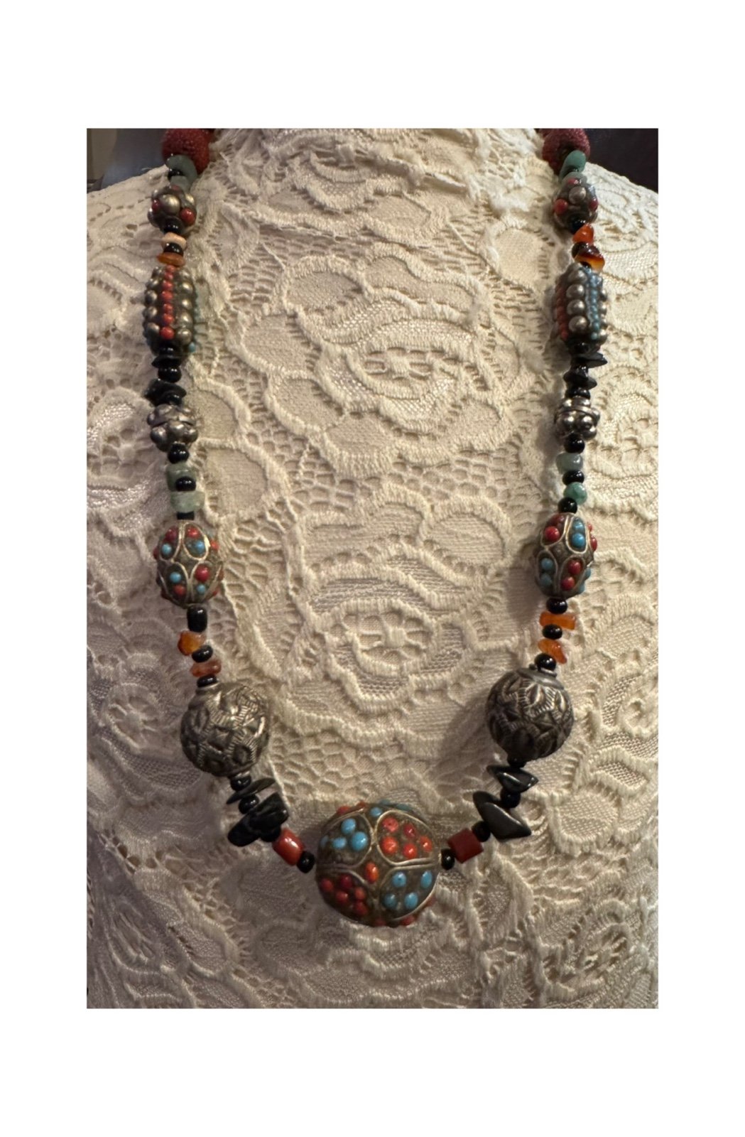 Vintage Antique Necklace Tribal Red Coral & Turquoise, Jade Onyx Necklace
