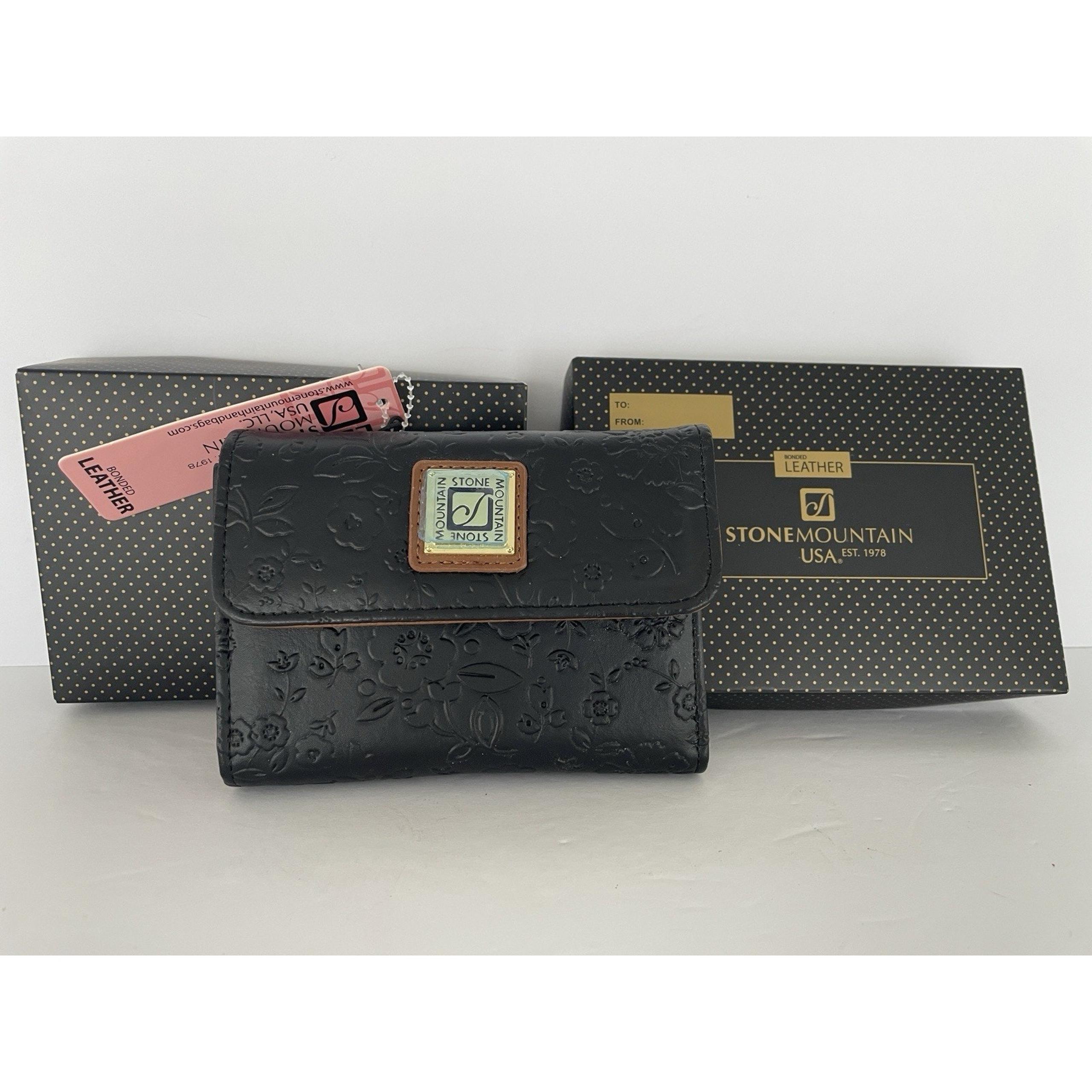 STONE MOUNTAIN Wallet Bonded Leather Spring Bloom Embossed Tooled Black/Tan