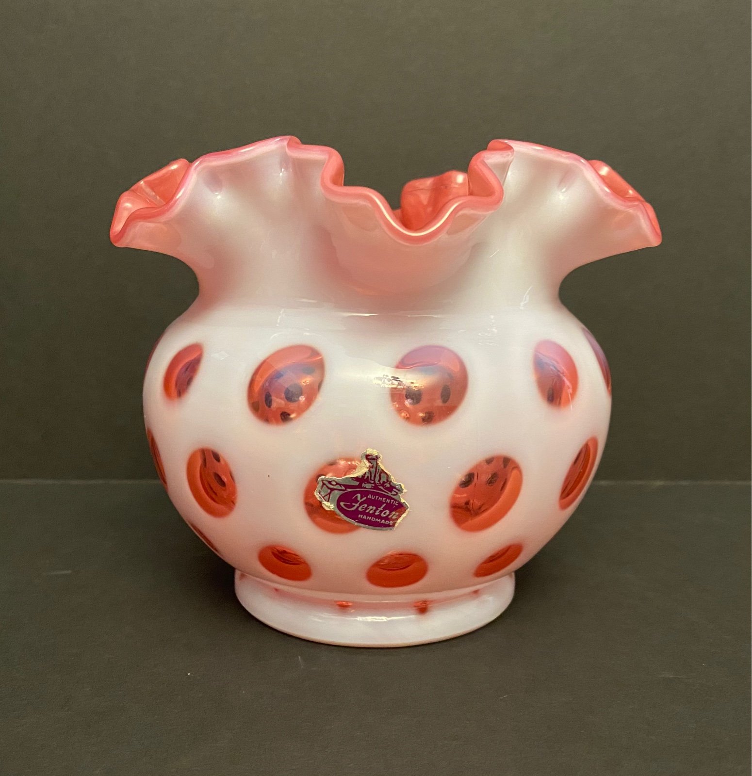 Vintage Fenton Cranberry 5” Fluted Edge Coin Dot Vase with Original Sticker.