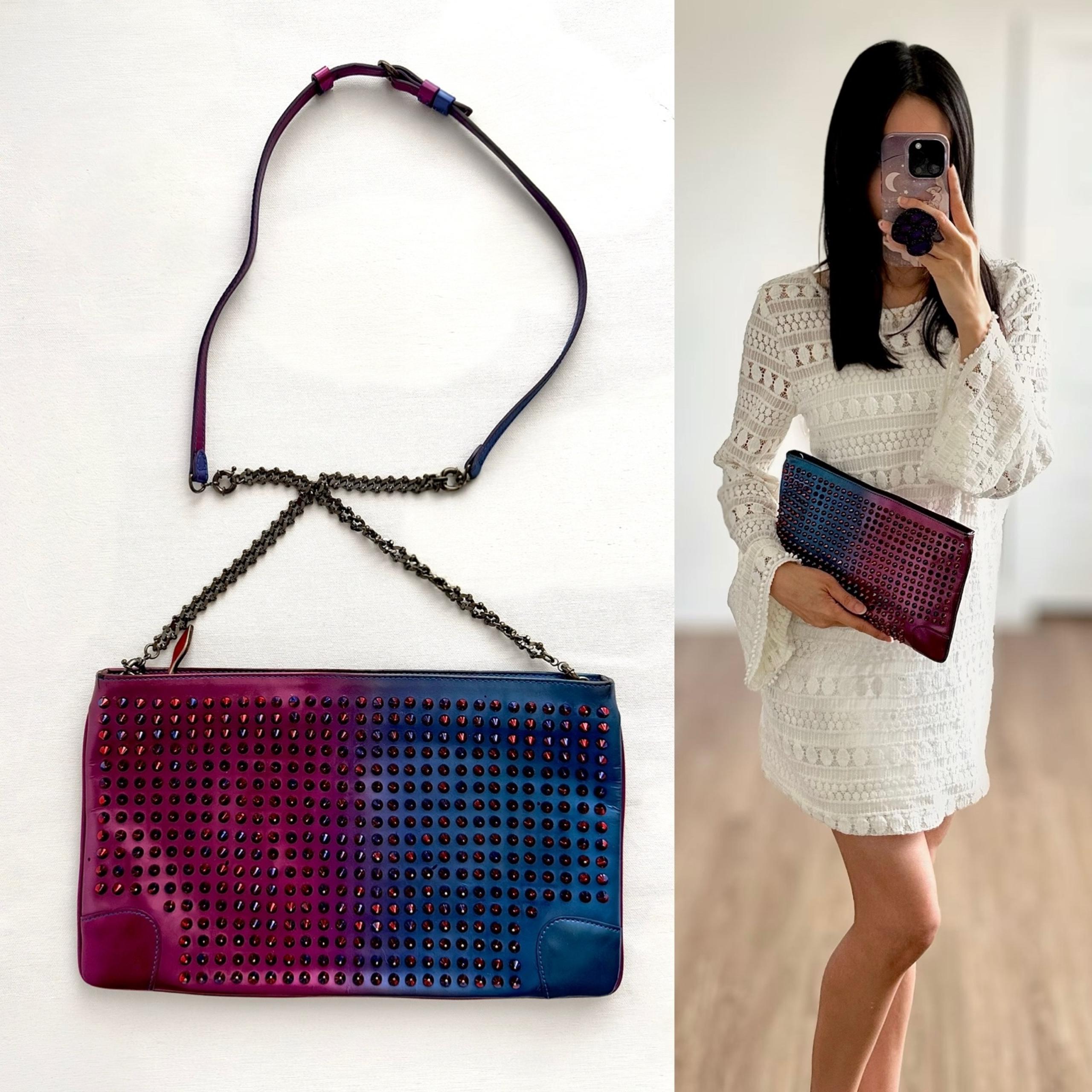 ✨CHRISTIAN LOUBOUTIN Loubiposh Patent Scarabe Spikes Chain Clutch Bag Rose Blue