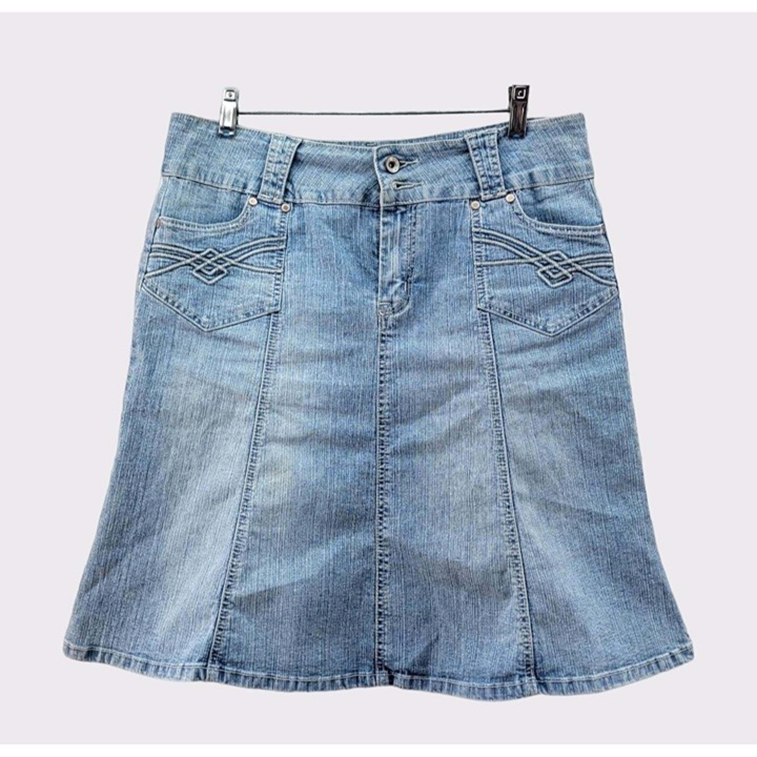 Rewind Jean Skirt Junior 11 Blue Denim Fly Front A-Line 2 Pockets Ruched Back