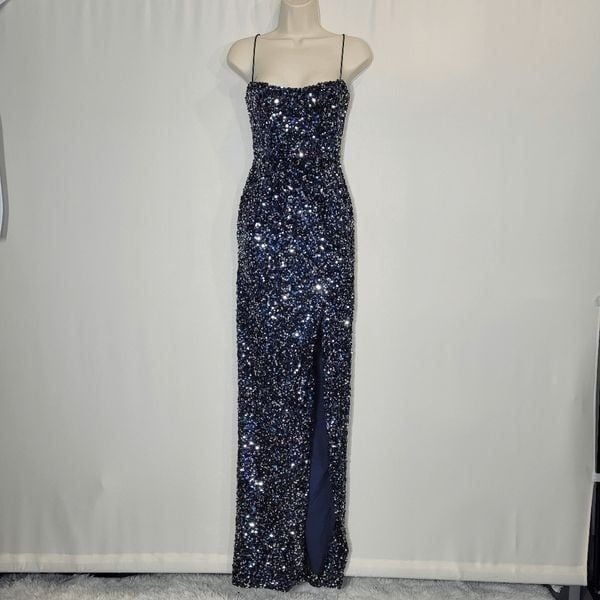 Nookie Confetti Sequin Gown In Navy Side Slit X-Small