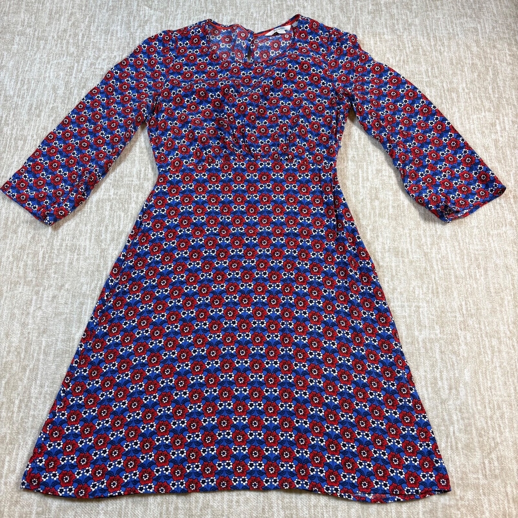 Boden Delia Fit and Flare Dress Blue and Red Floral Design 3/4 sleeve Size 2R