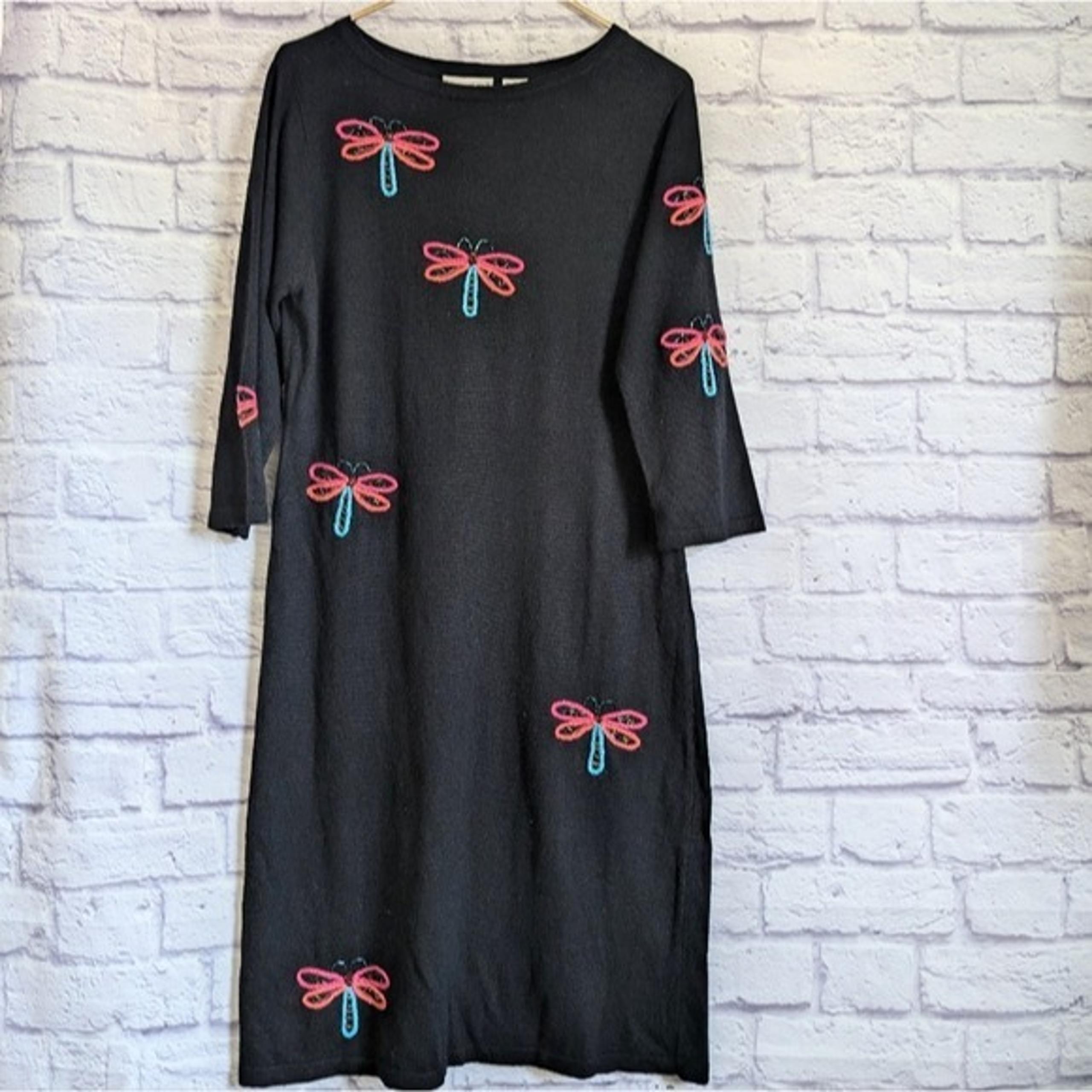 Michael Simon Lite Dragonfly Embroidered Dress XL NEW Black Beaded Vintage 90s