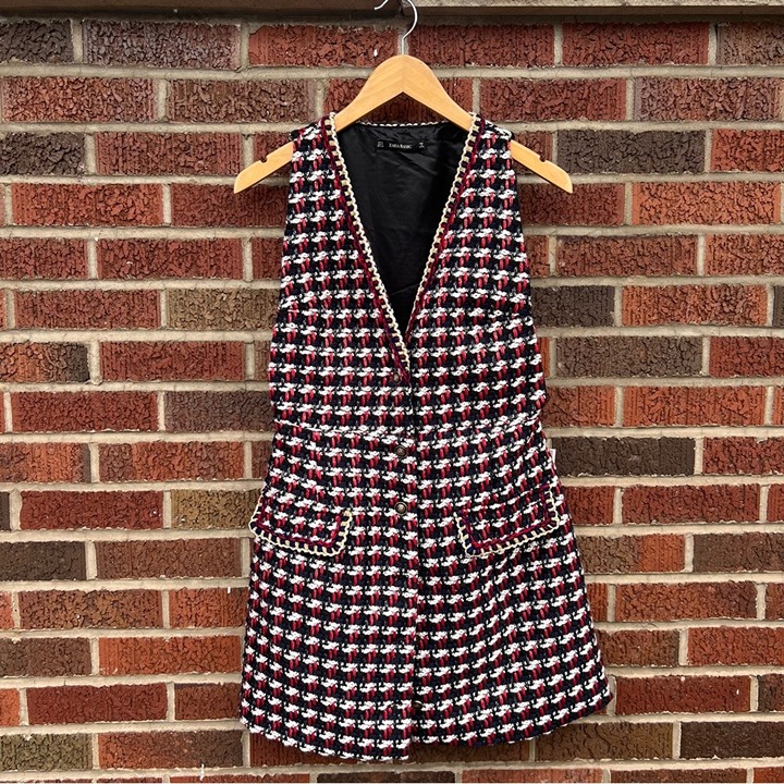 Zara Black Blue Red Tweed Knit V Neck Button Pocket Knitted Mini Dress