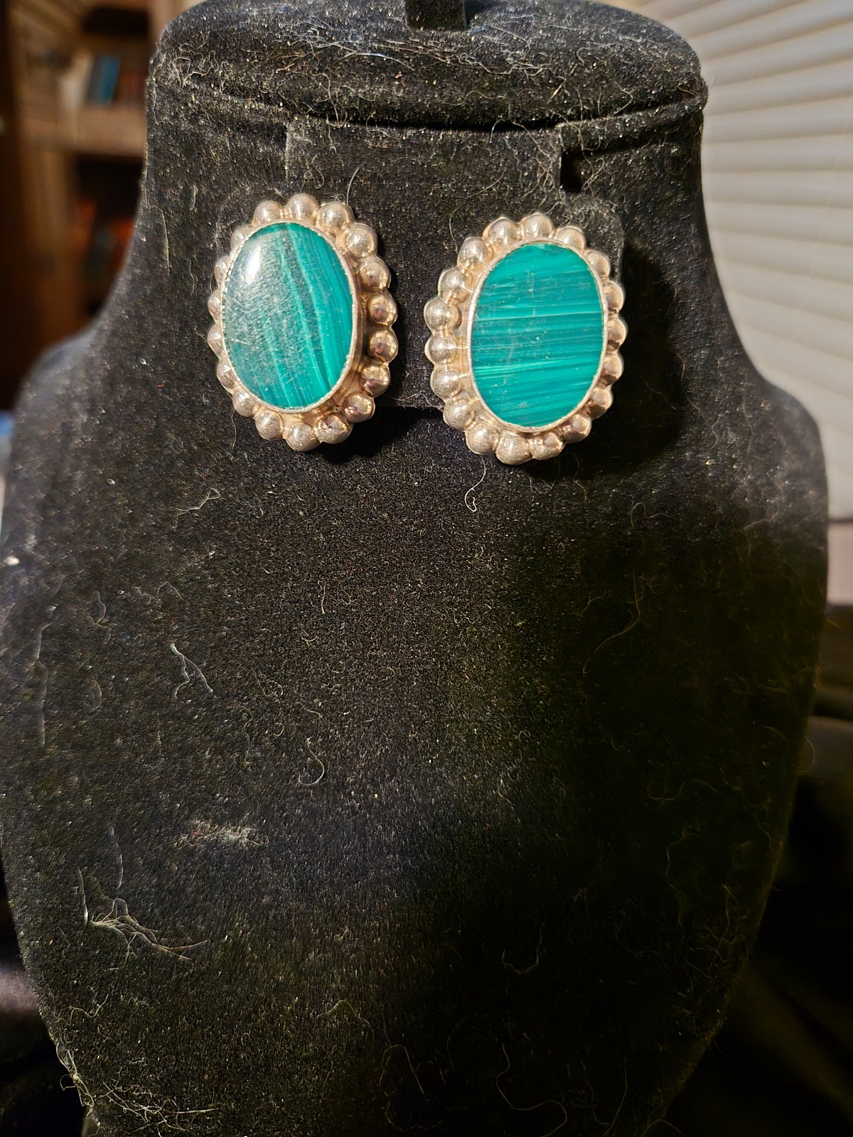 Vtg Malachite Sterling Silver 925 Taxco Signed Clip Earrings