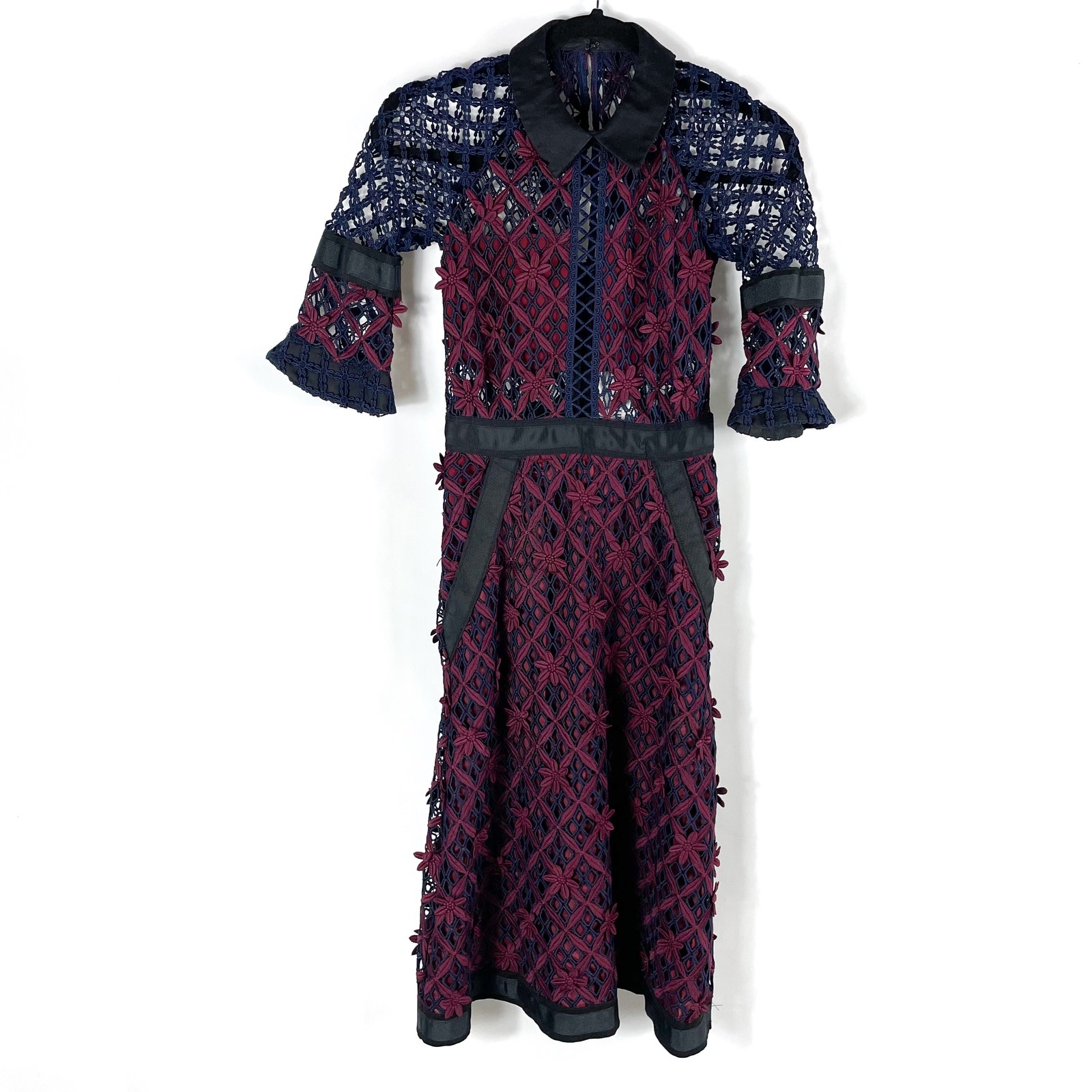 Self Portrait Guipure Lace Grid Midi Dress Blue Red Collared Cocktail Sz 0