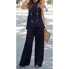 Women Navy Halter Top Wide Leg Pant Set Size M