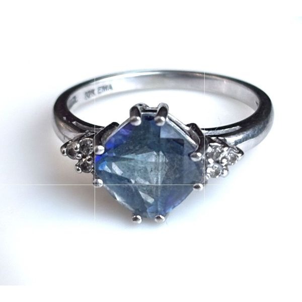 10k White Gold Faceted Blue Sapphire & Diamond Ring Engagement Promise Jewelry