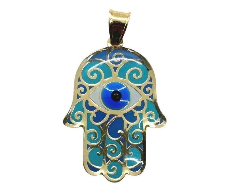 10K Gold Enamel Blue Hamsa Pendant