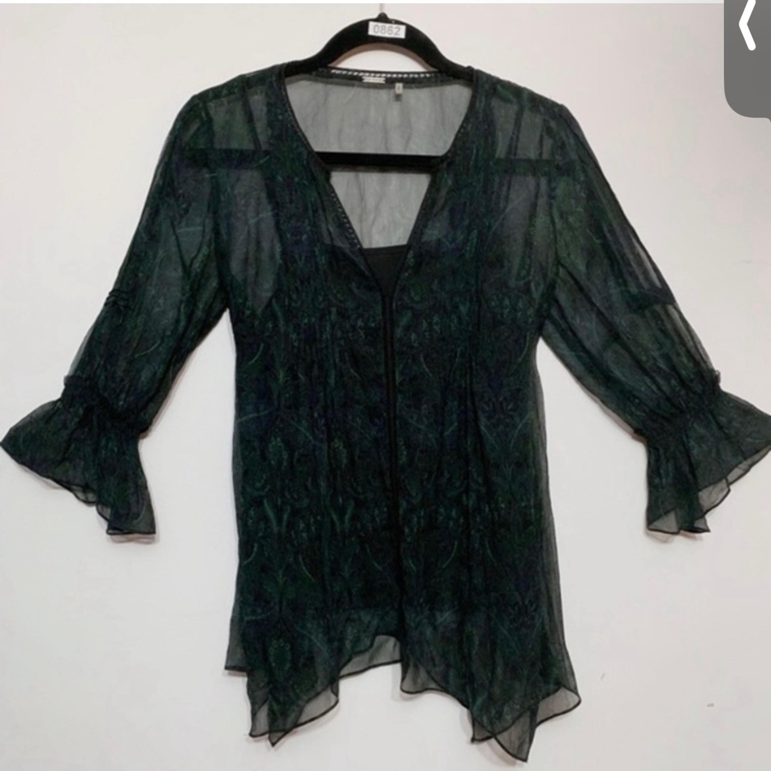 Elie Tahari Silk Sheer Blouse, Size Small, Bell Sleeves, Green Print