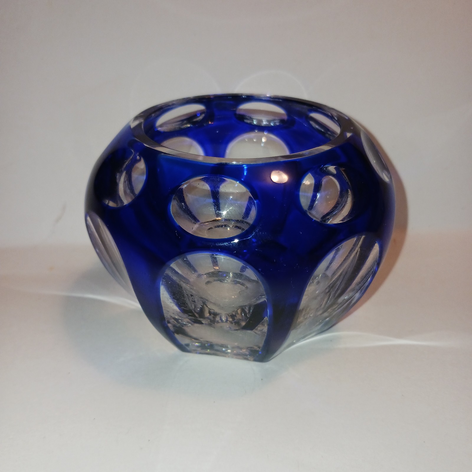Cobalt Blue Cut To Clear Czech Crystal 3 Vase Votive (SIGNED)