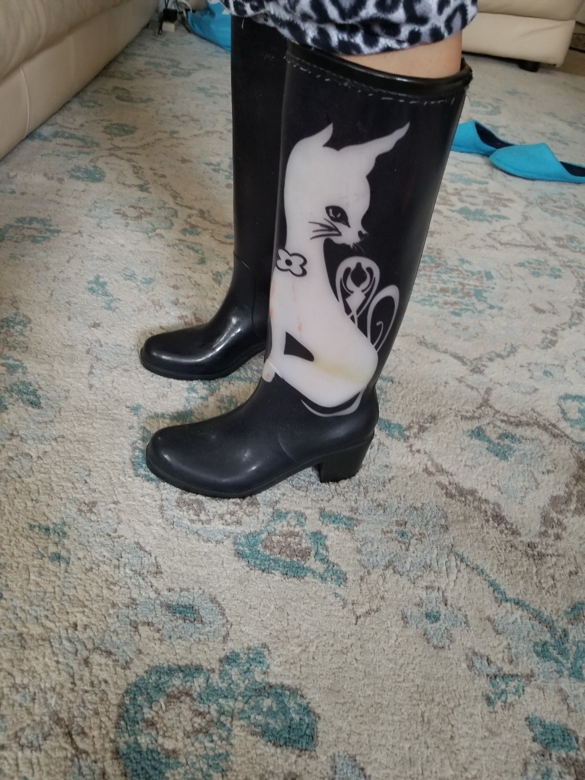 Long rainboots with cat illustration