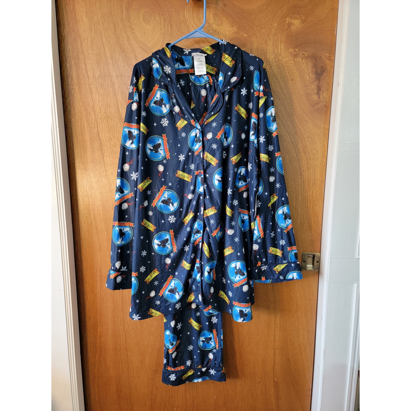 NWT Polar Express Adult Believe Button-Front Coat Shirt/Pants Pajama Set - XXL