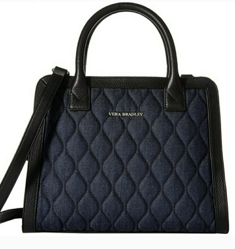 Vera Bradley Natalie Blue Dark Denim Black Leather Tote Purse Bag