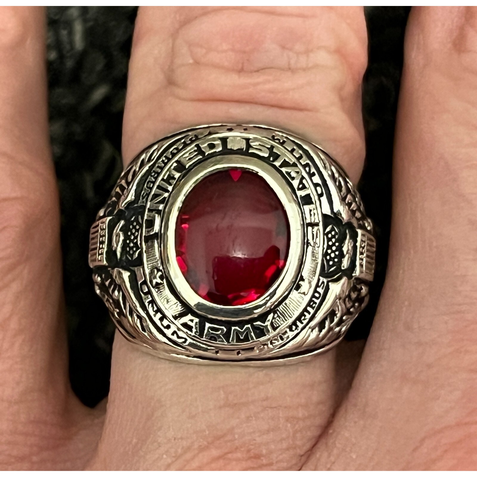 United States Army DB STERLING Silver 925 Signed Red Stone Mens Ring Size 8.5