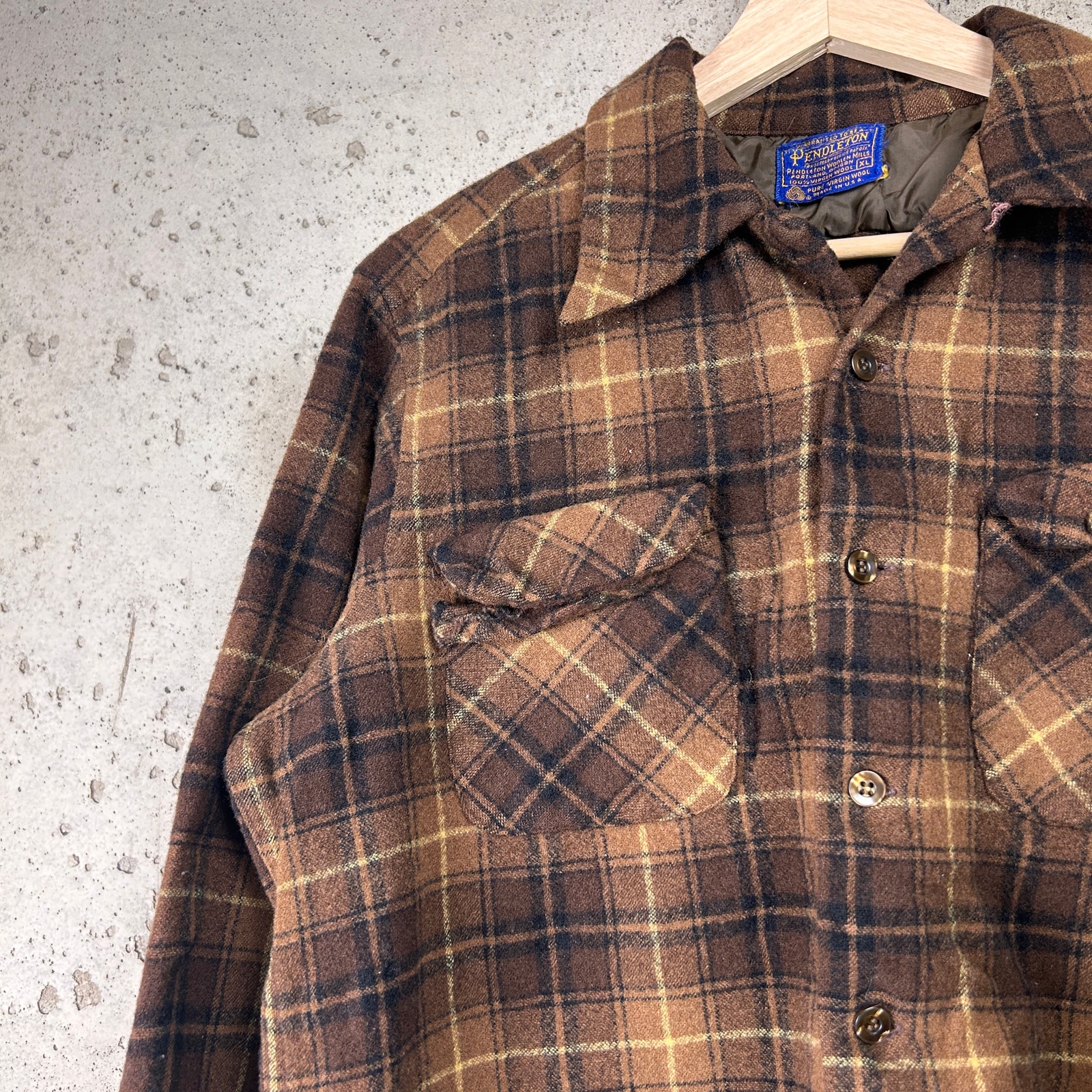 XL Fits Med 60s/70s Pendleton Wool Brown Loop Collar Flannel