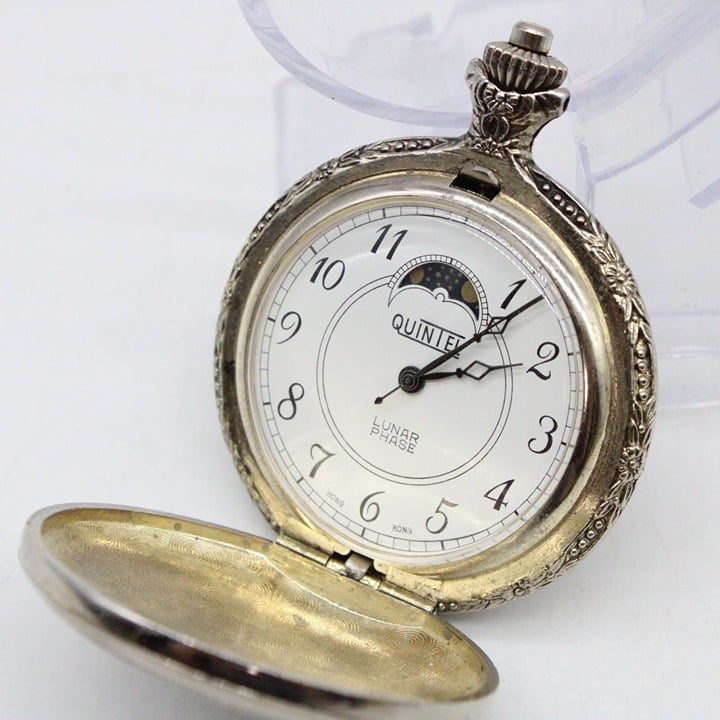 Vintage Quintel Automatic Pocket Watch Silver Tone Stainless Steel Luna Phase