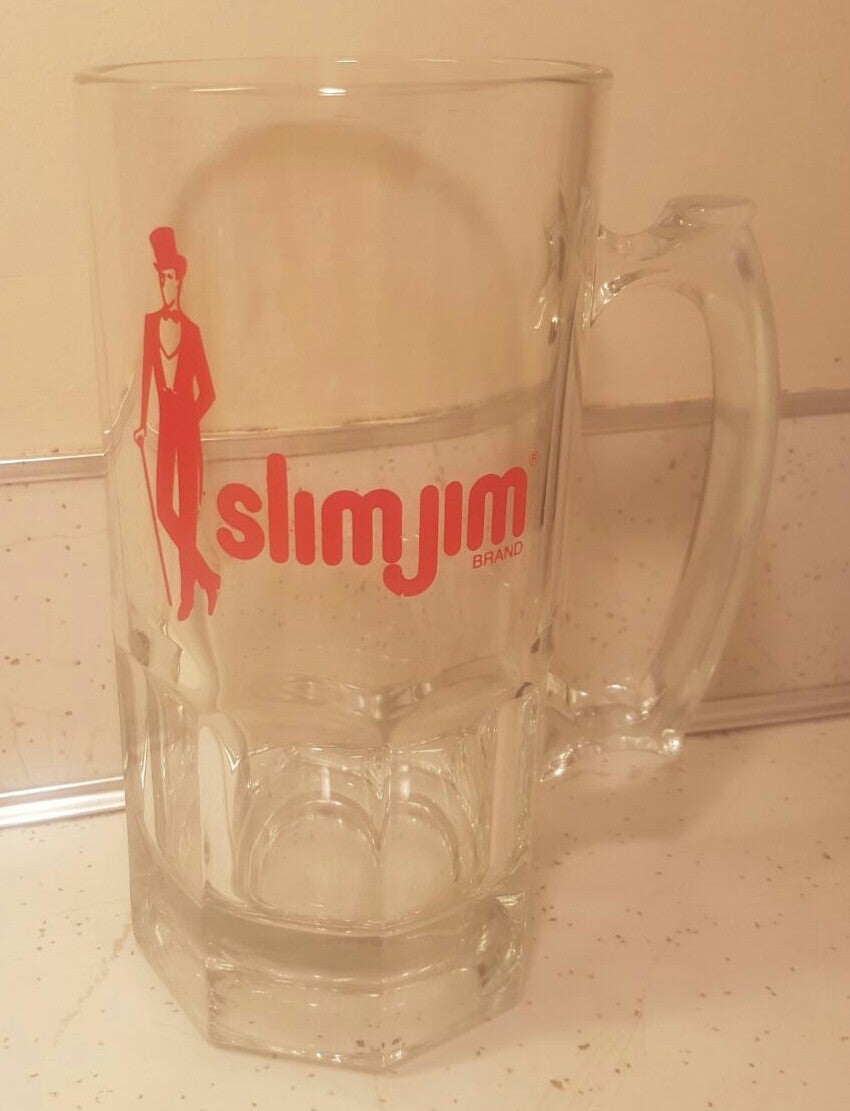 Large Collectible 8 Tall Slim Jim Brand Beer Mug Glass Large Collectible 8 Tall Slim Jim Brand Beer Mug Glass