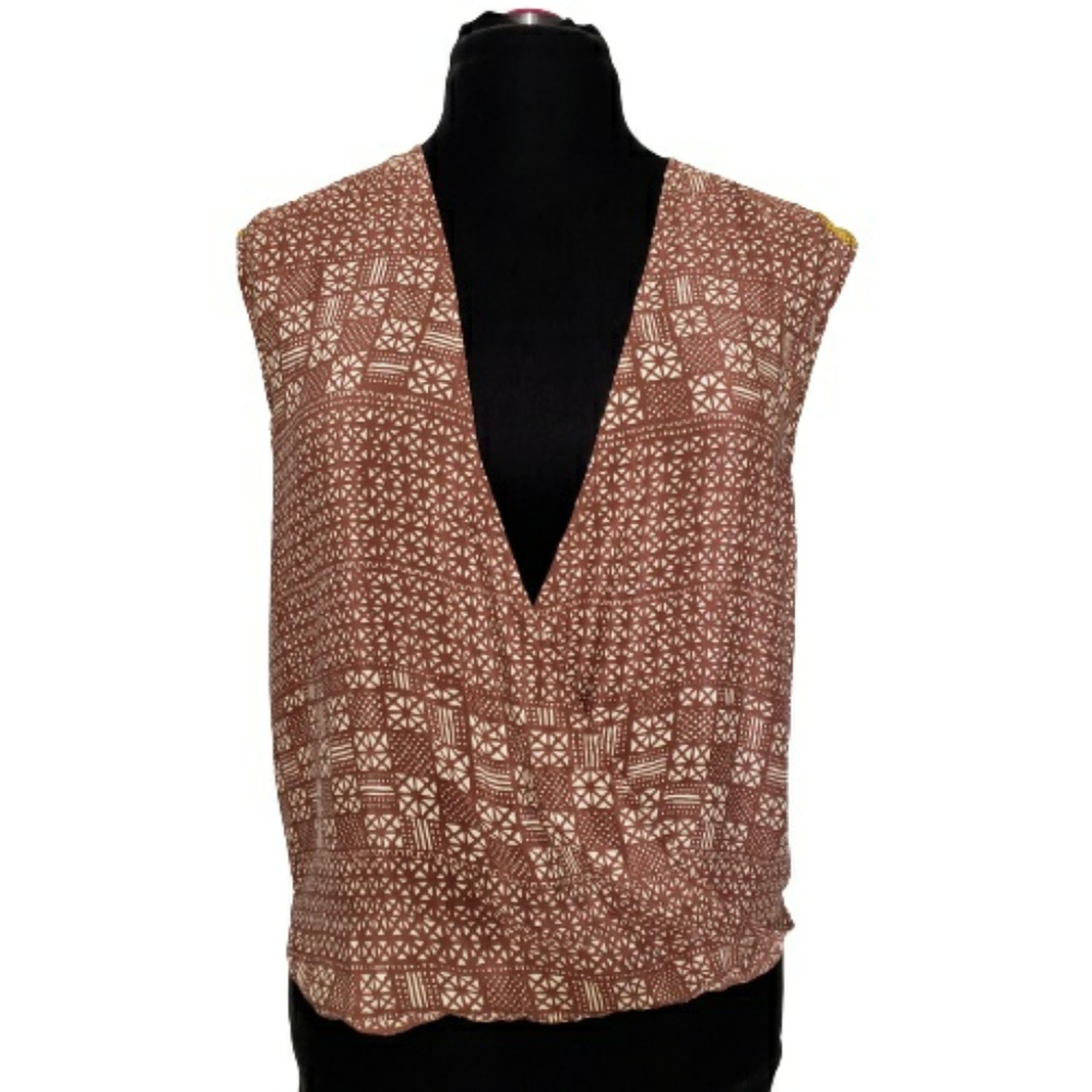 Threads 4 Thought Silk Wrap Blouson Brown Cream Sleeveless Geometric Top Indie