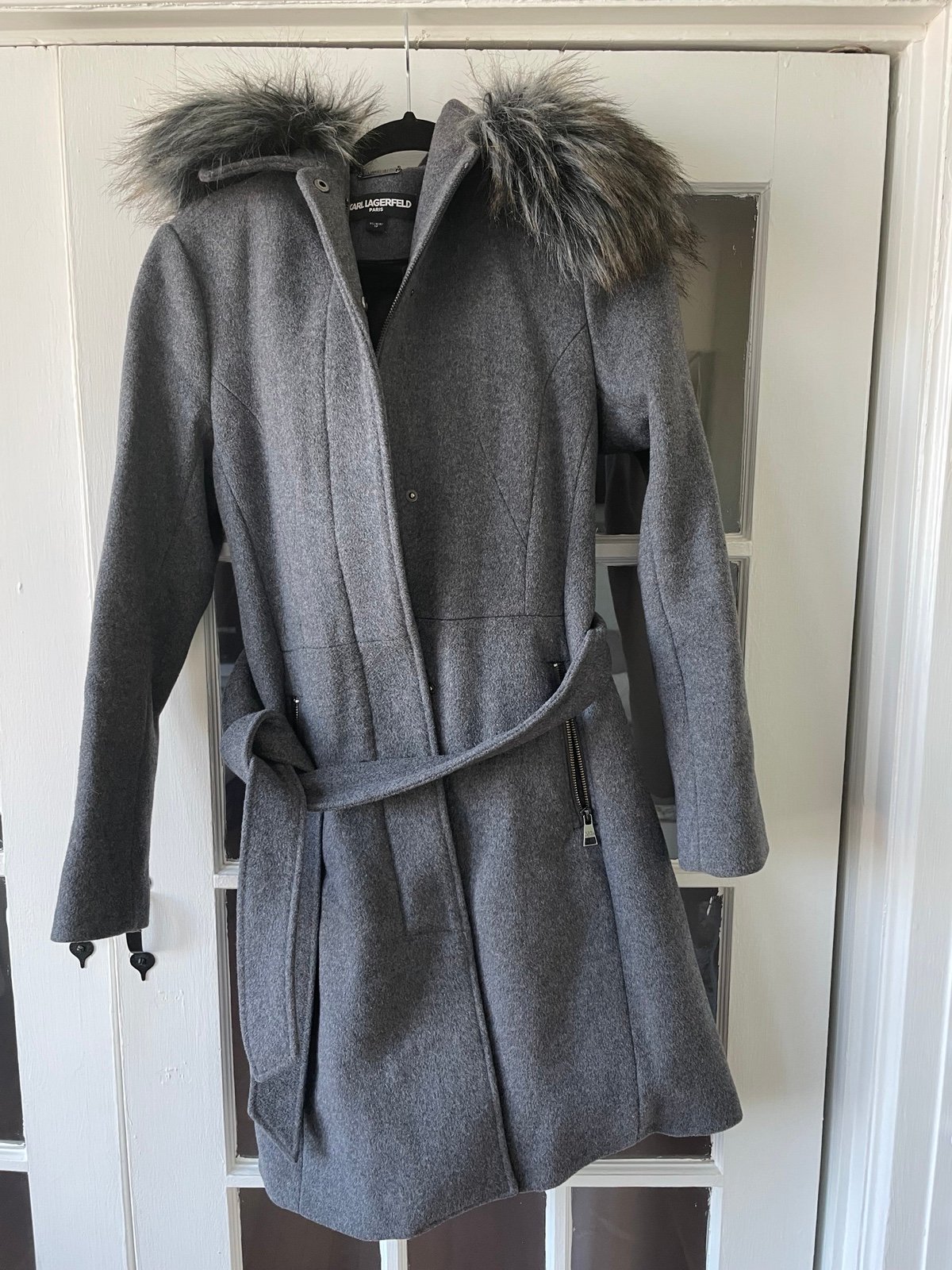 Gray wool coat with foux fur lined hood Karl Lagerfeld