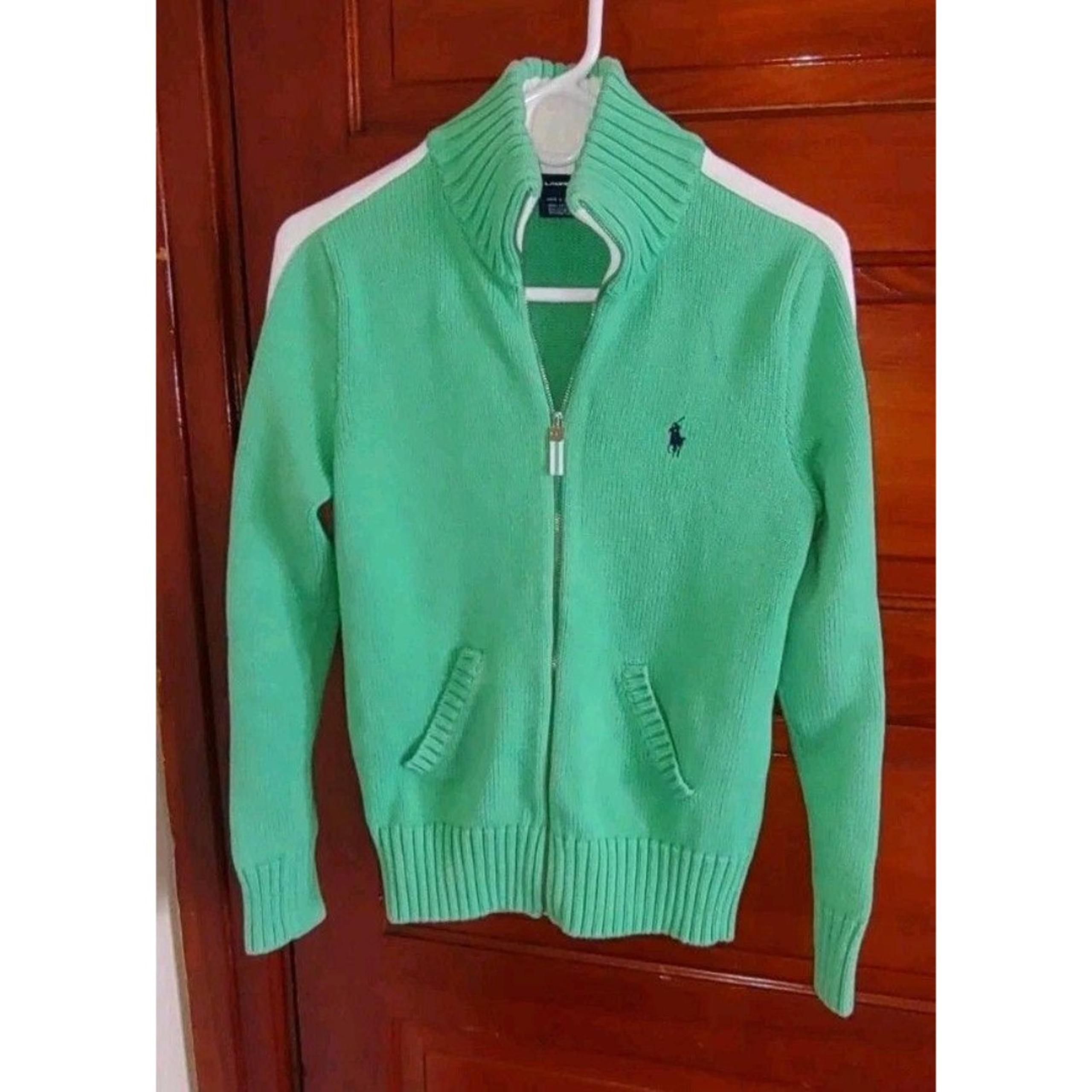 Sz M Ralph Lauren Sport Y2K Sweater Women Kelly Green White Cable Knit Full Zip