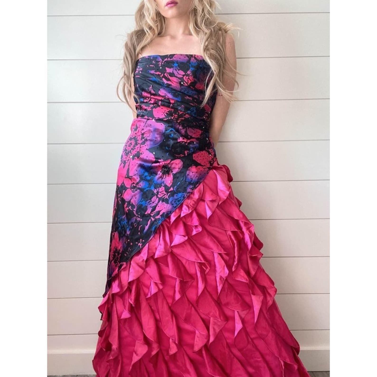 Y2K Strapless Floral Hot Pink Satin Ruffles Asymmetrical Maxi Dress