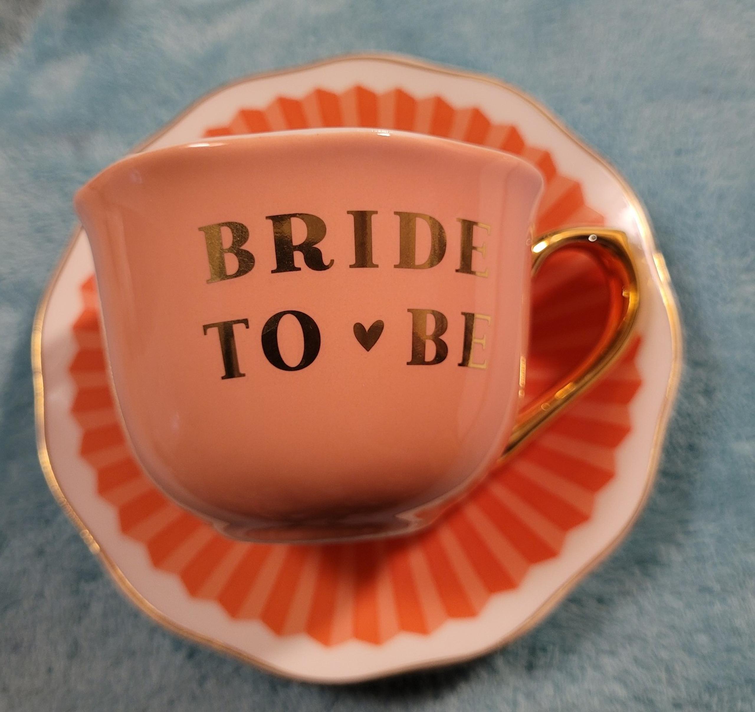 Teacup & saucer "Bride to Be" multicolored ceramic festive colors NWOT.