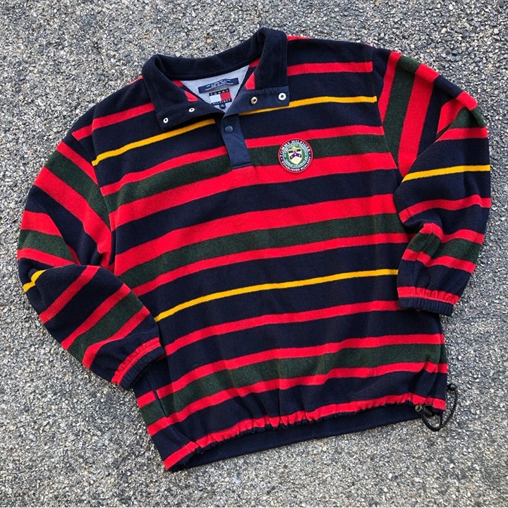 Vtg 1990’s Tommy Hilfiger Crest Striped Red Fleece Sweater - Size Medium