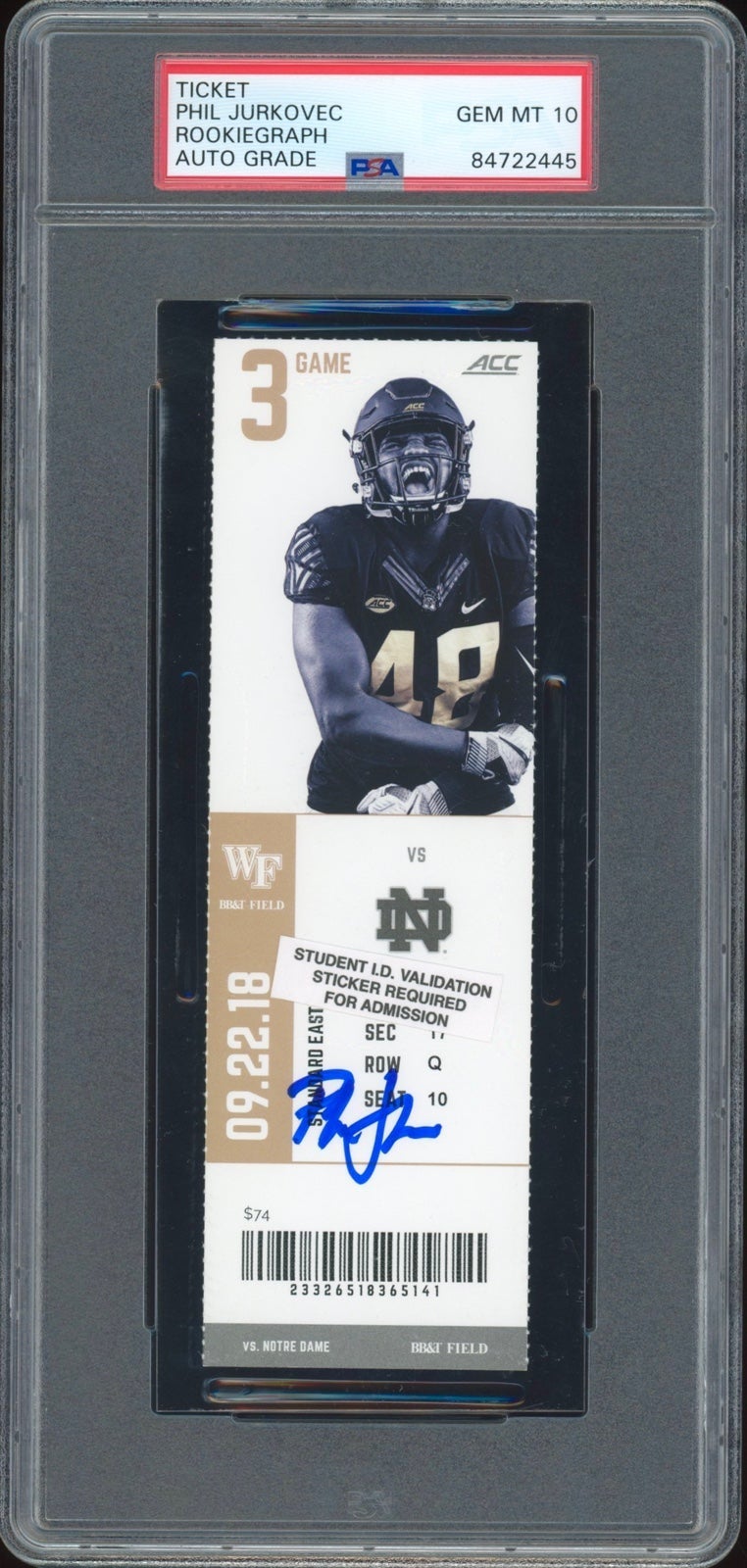 Phil Jurkovec Autographed NCAA College Debut Ticket Stub 9/22/2018 Signed PSA 10