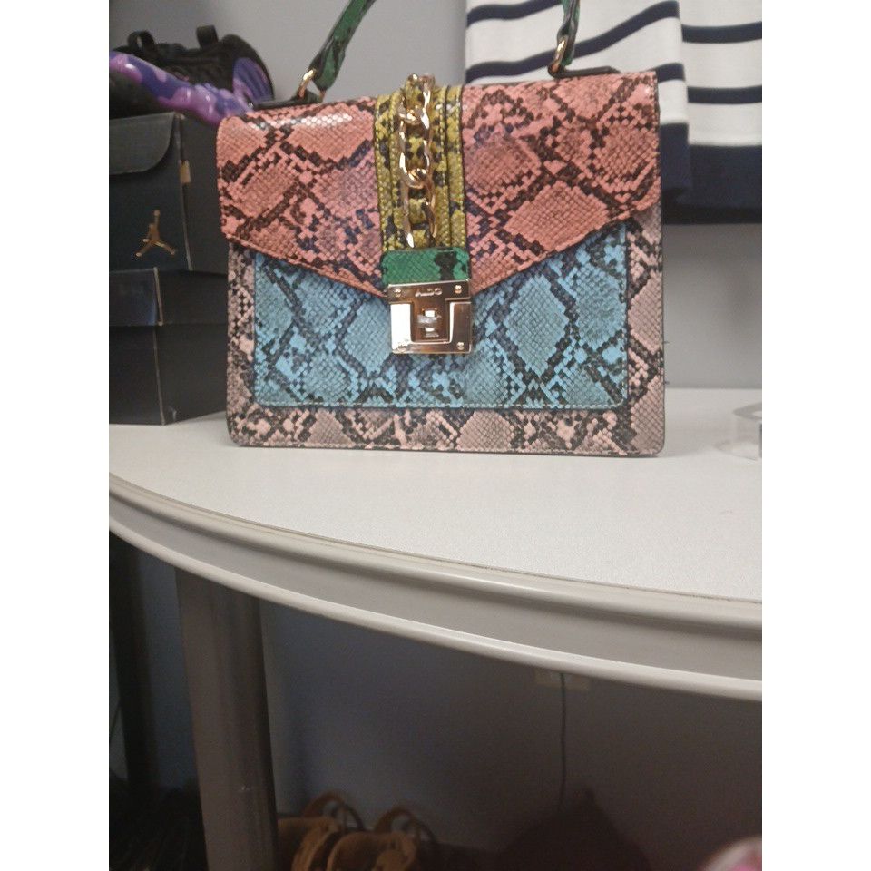 Aldo Glendaa Handbag Purse Color Block Satchel Chain Faux Snake Skin
