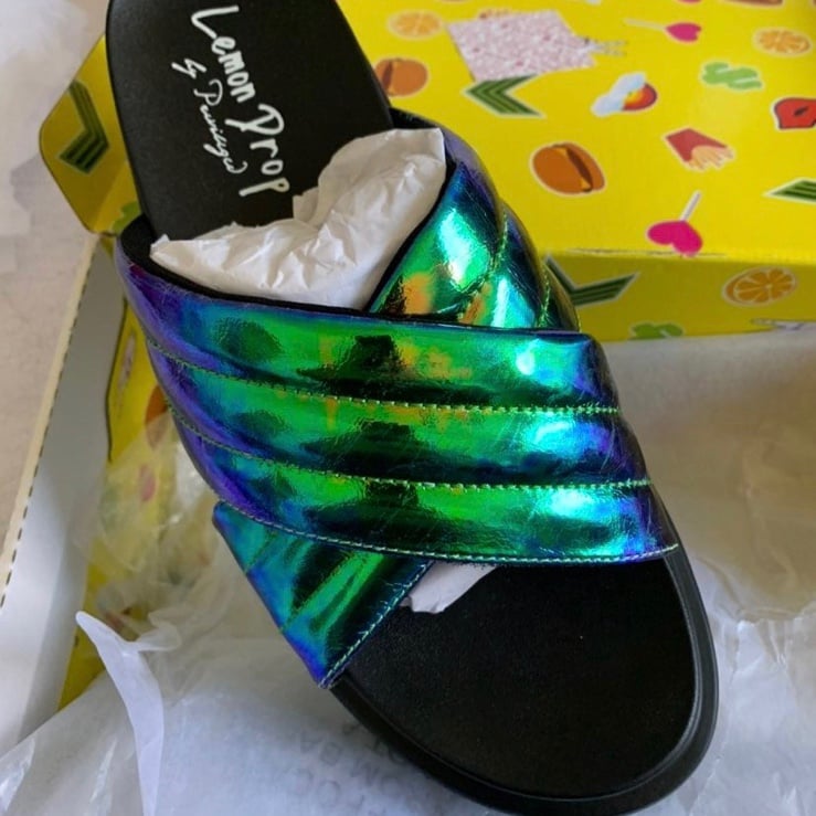 Lemon Drop by Privileged Iridescent Slides Platforms Duochrome Sandals BNIB
