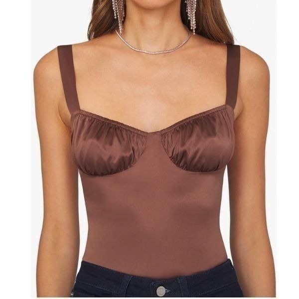 We Wore What Ruched Cup Shiny Stretch Satin Charmeuse Bodysuit Brown US 8