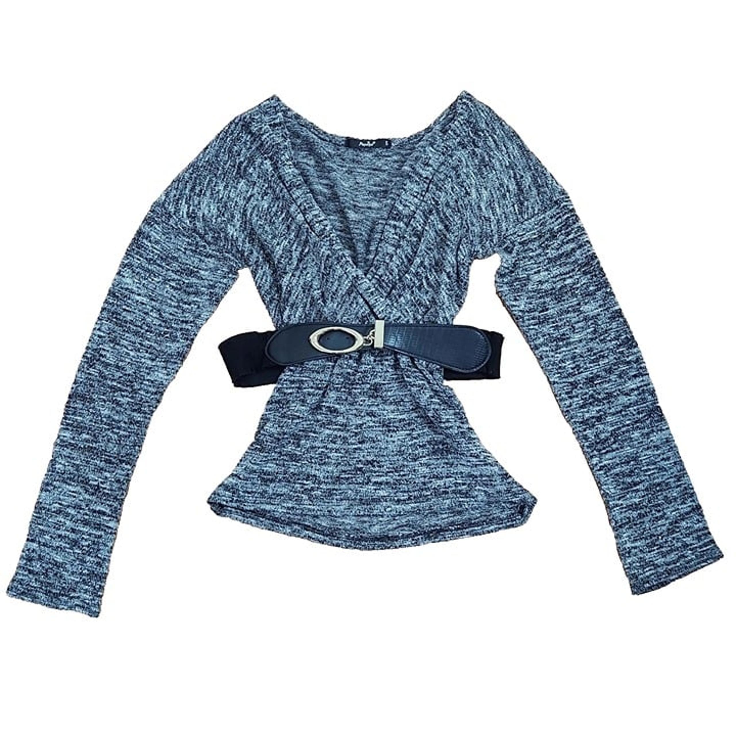 Papaya Women's M Gray Marled Deep V Neck Stretchy Belted Long Sleeve Wrap Top