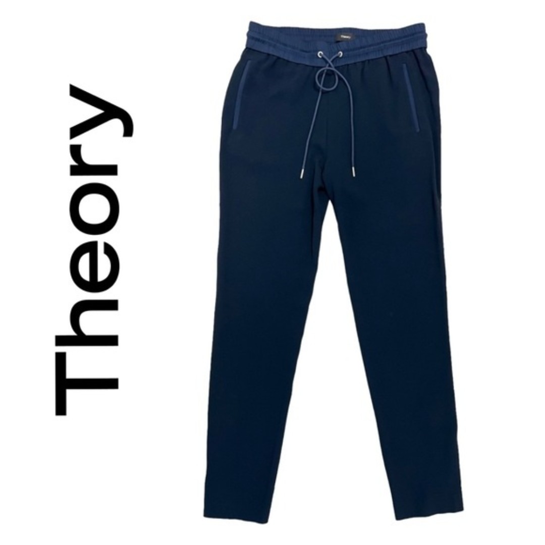 Theory Crepe Back Zip Navy Blue Drawstring Waist Pull On Pants Navy Size S