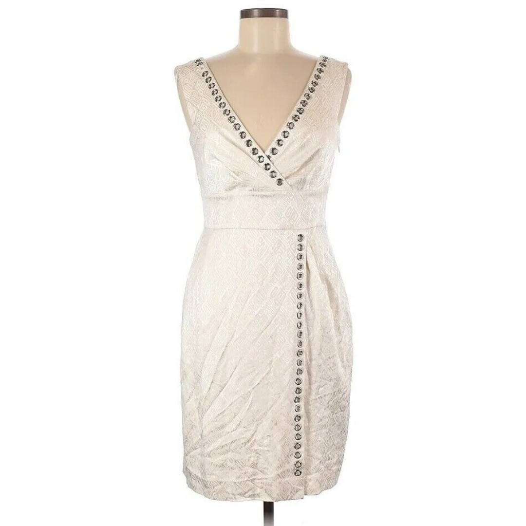 580 CATHERINE MALANDRINO White Silk Grommet V Neck Cocktail Dress Size 4
