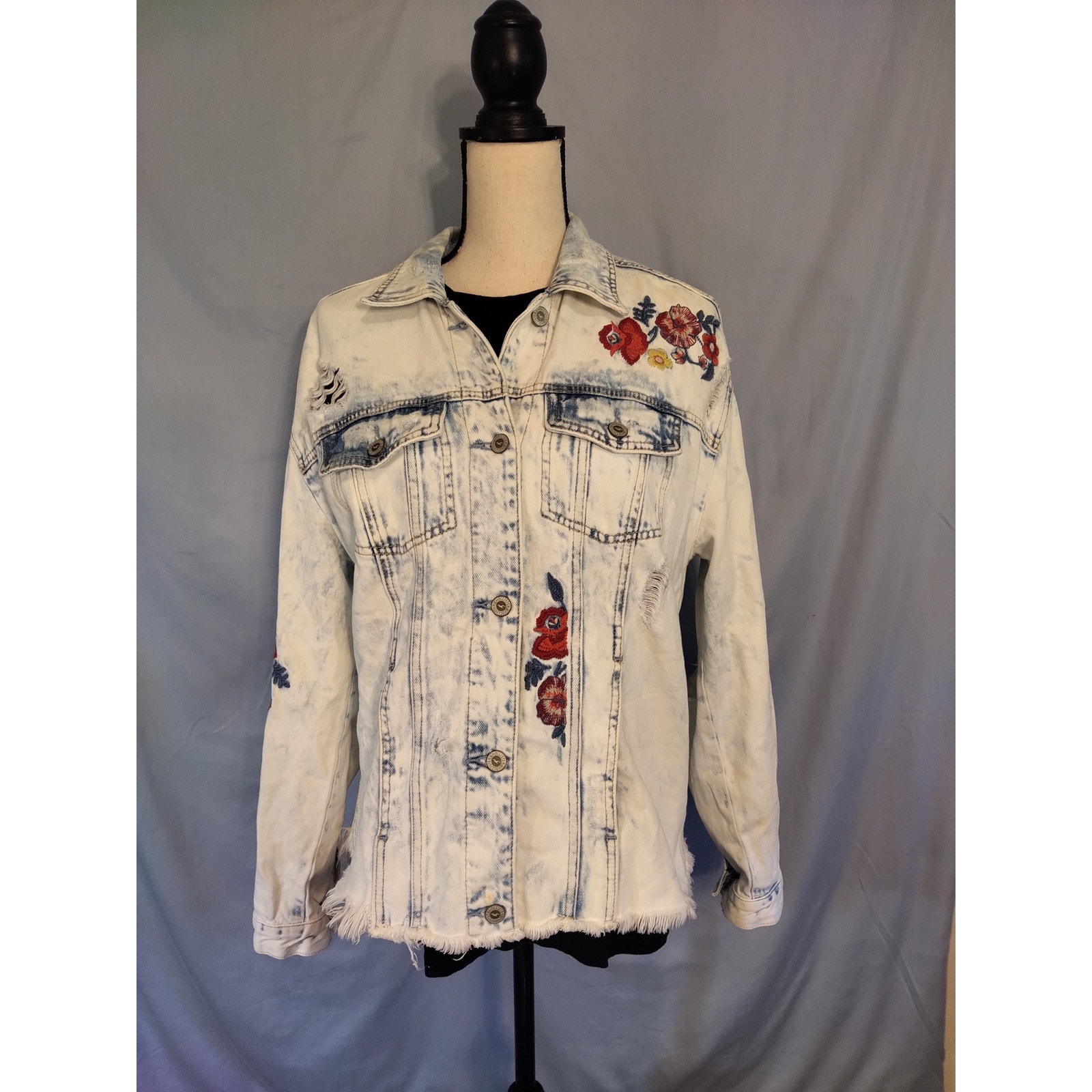 Hollister Floral Embroidered Distressed Denim Jacket