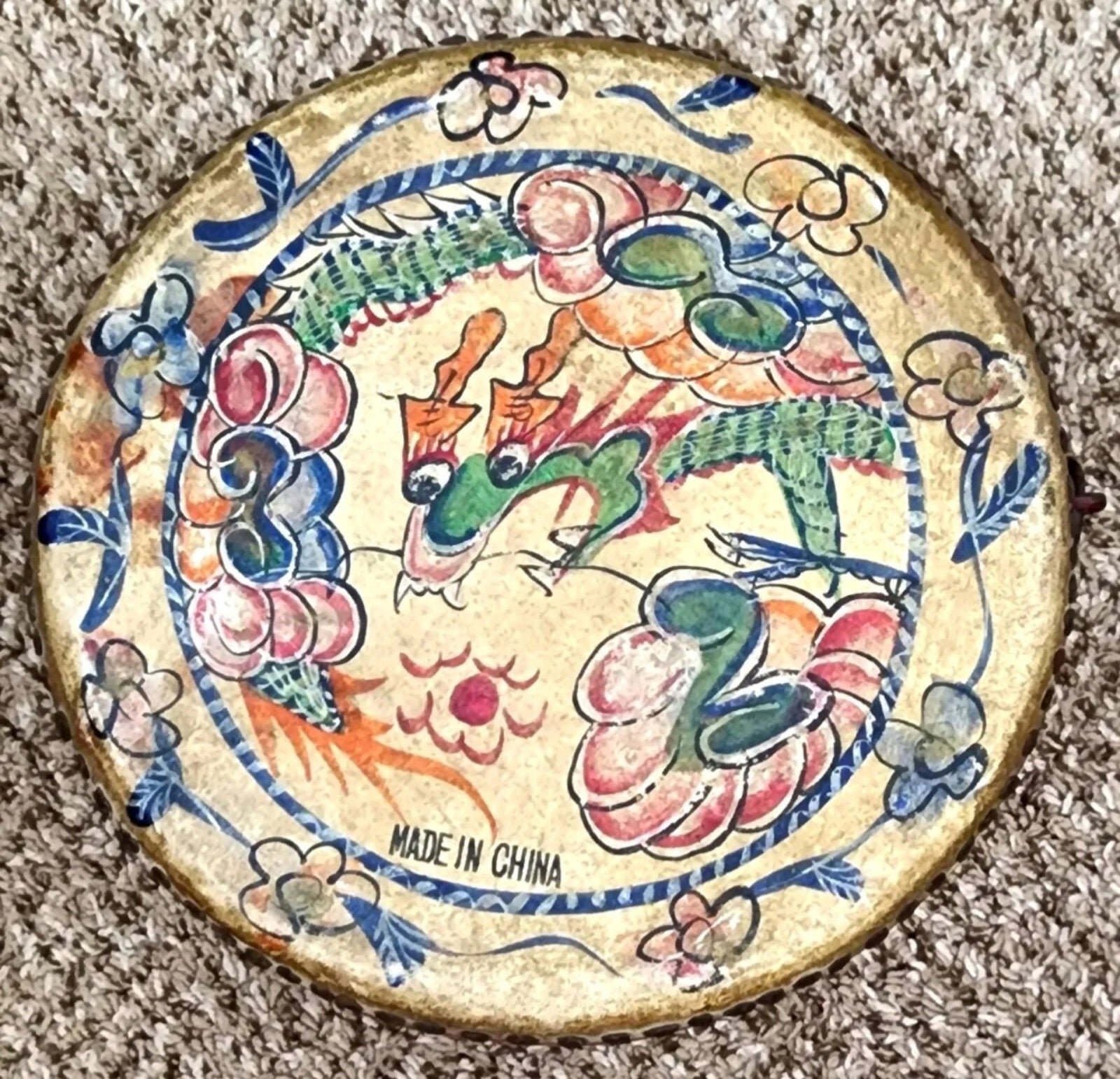 1900's Chinese Painted Dragon & Phoenix Drum Rawhide Vintage 10 X 4