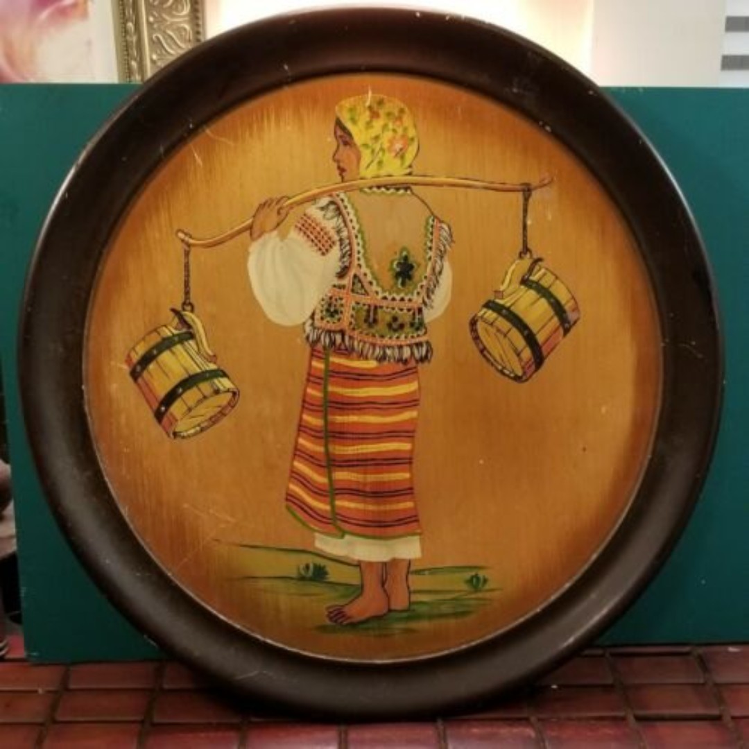 Vintage Folk Art Woman Water Carrier Robinhood Ware Round Wood Platter 14 Dia